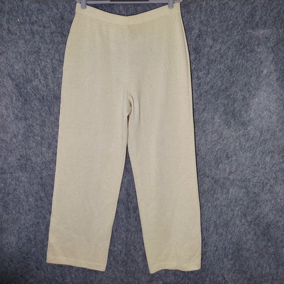 St. John Evening Women Pants 12 Gold Shimmer Cream Wool Rayon Wide Leg Pull On - Picture 4 of 10
